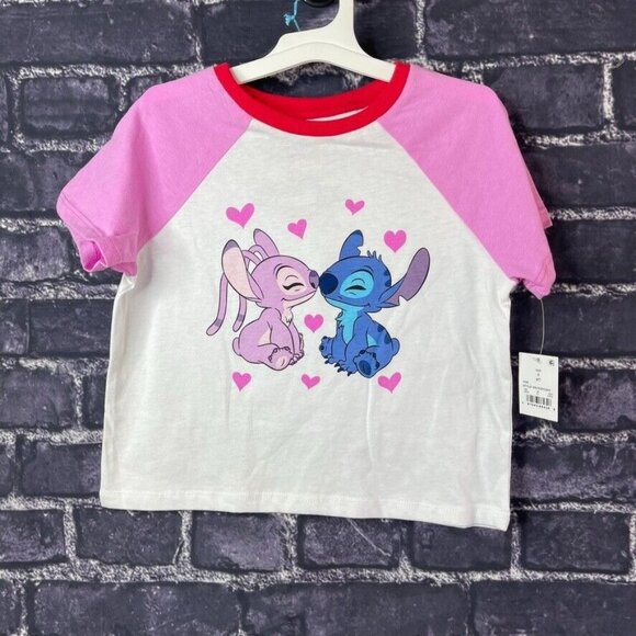 Disney Small 6/7 Stitch Raglan Cropped Graphic T-shirt White pink - Picture 2 of 6